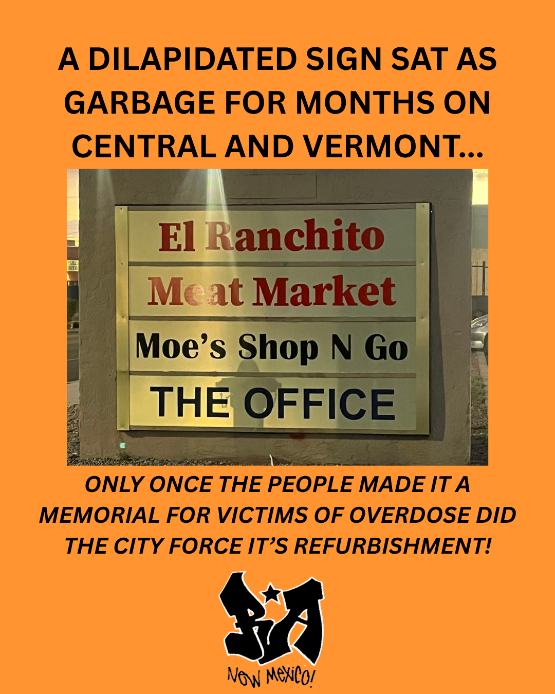 A dilapidated sign sat as garbage for Months on Central and Vermont…Only Once the People made it a Memorial for Victims of overdose did the City force it’s refurbishment!